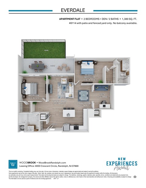 A floor plan for an apartment at Everdale, showing a living room, two bedrooms, a bathroom, and a kitchen.